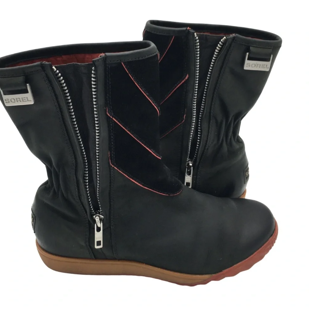 Sorel Firenzy Winter Black & Red Leather Ankle Booties Boots retro Y2K size 7.5